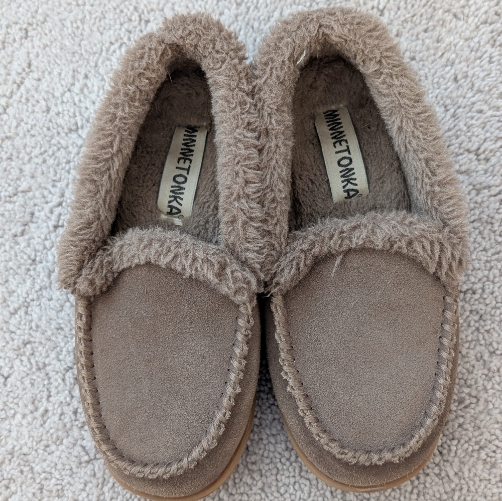 Minnetonka Women's Size 6M Shoes Brown Suede Faux Fur Lined Slippers Loafers - Picture 6 of 12